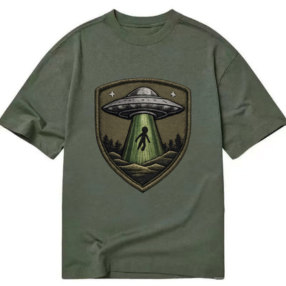 UFO ALIEN - flying saucer with beam in silver and green , extraterrestrial - Classic T-shirt - Army Green