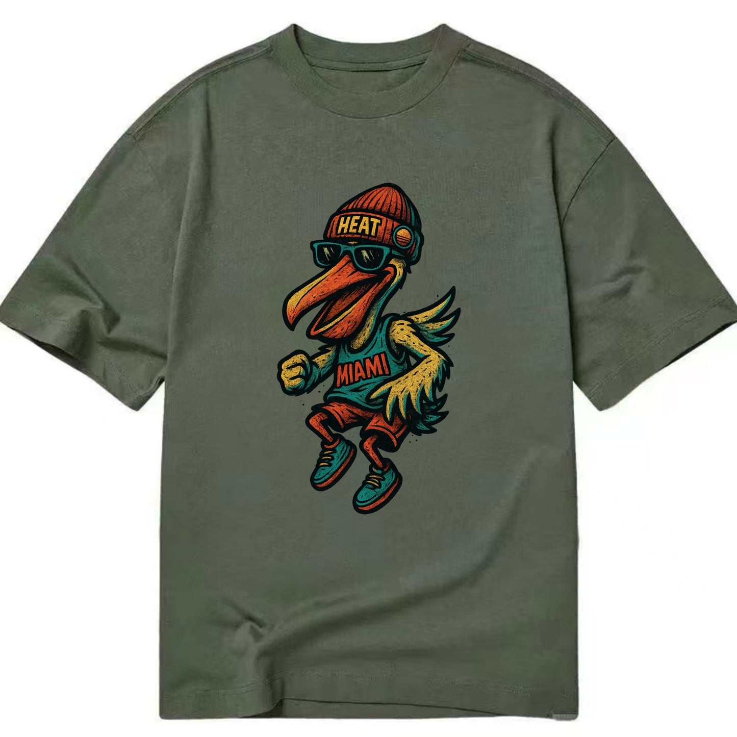 Miami Pelican wearing Heat beanie with sunset patch and wayfarer sunglasses - Classic T-shirt - Army Green