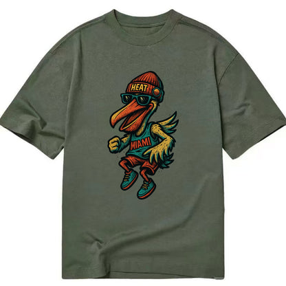 Miami Pelican wearing Heat beanie with sunset patch and wayfarer sunglasses - Classic T-shirt - Army Green
