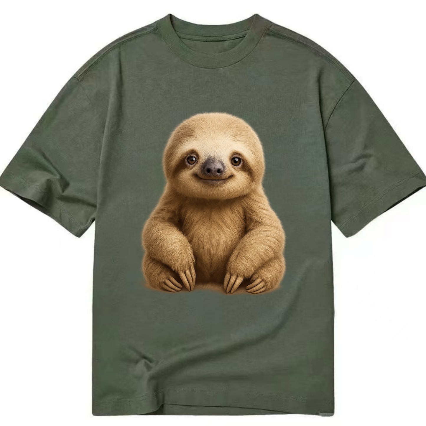 Baby Sloth - tan fur, long arms, peaceful smile, gentle eyes, front-facing, zen - Classic T-shirt - Army Green