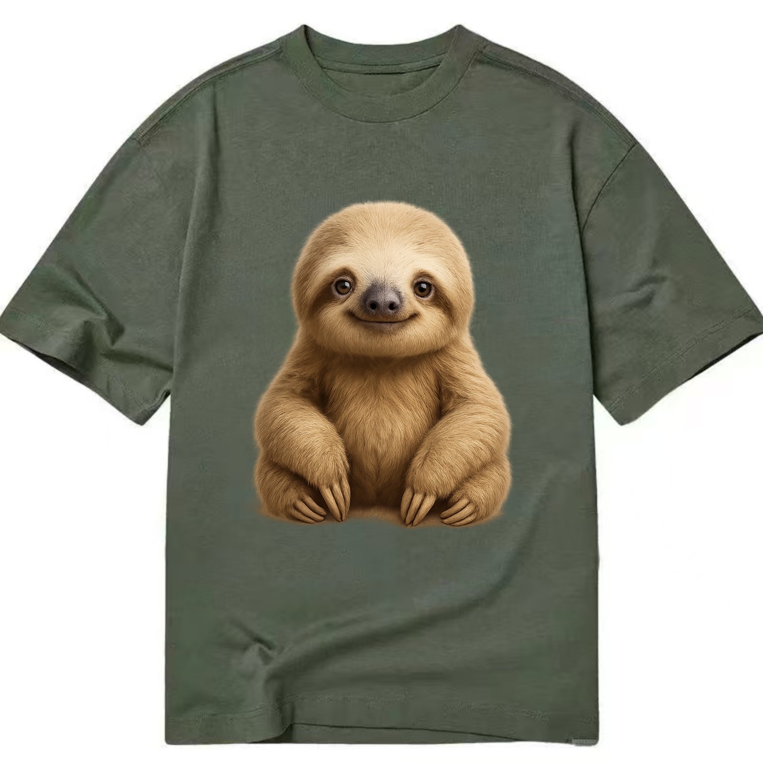 Baby Sloth - tan fur, long arms, peaceful smile, gentle eyes, front-facing, zen - Classic T-shirt - Army Green