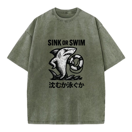 Sink or Swim - Shark holding a life pres Vintage T-shirt - Army Green