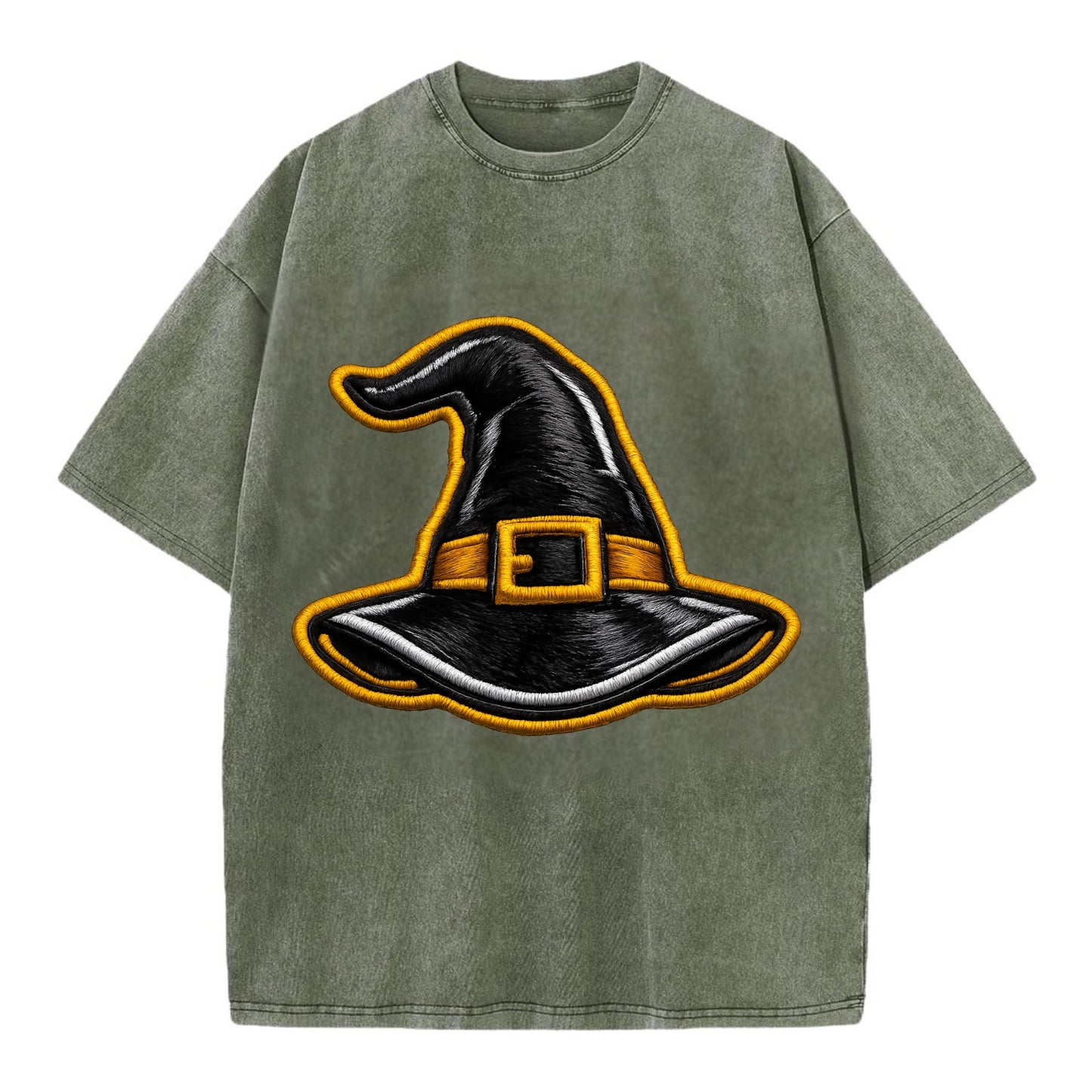 WITCH HAT - pointed hat with buckle in black and gold , coven - Vintage T-shirt - Army Green