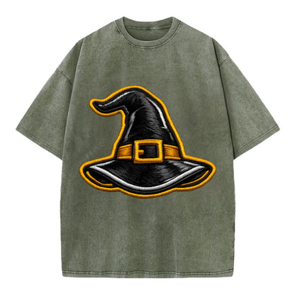 WITCH HAT - pointed hat with buckle in black and gold , coven - Vintage T-shirt - Army Green