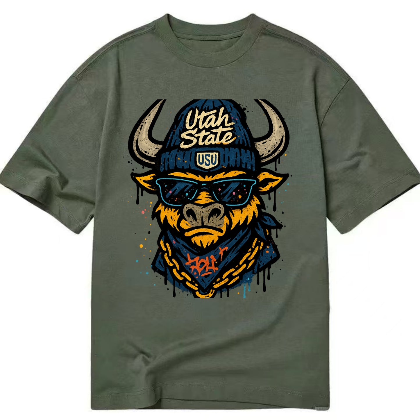 Logan Aggie wearing Utah State beanie with USU patch - Classic T-shirt - Army Green