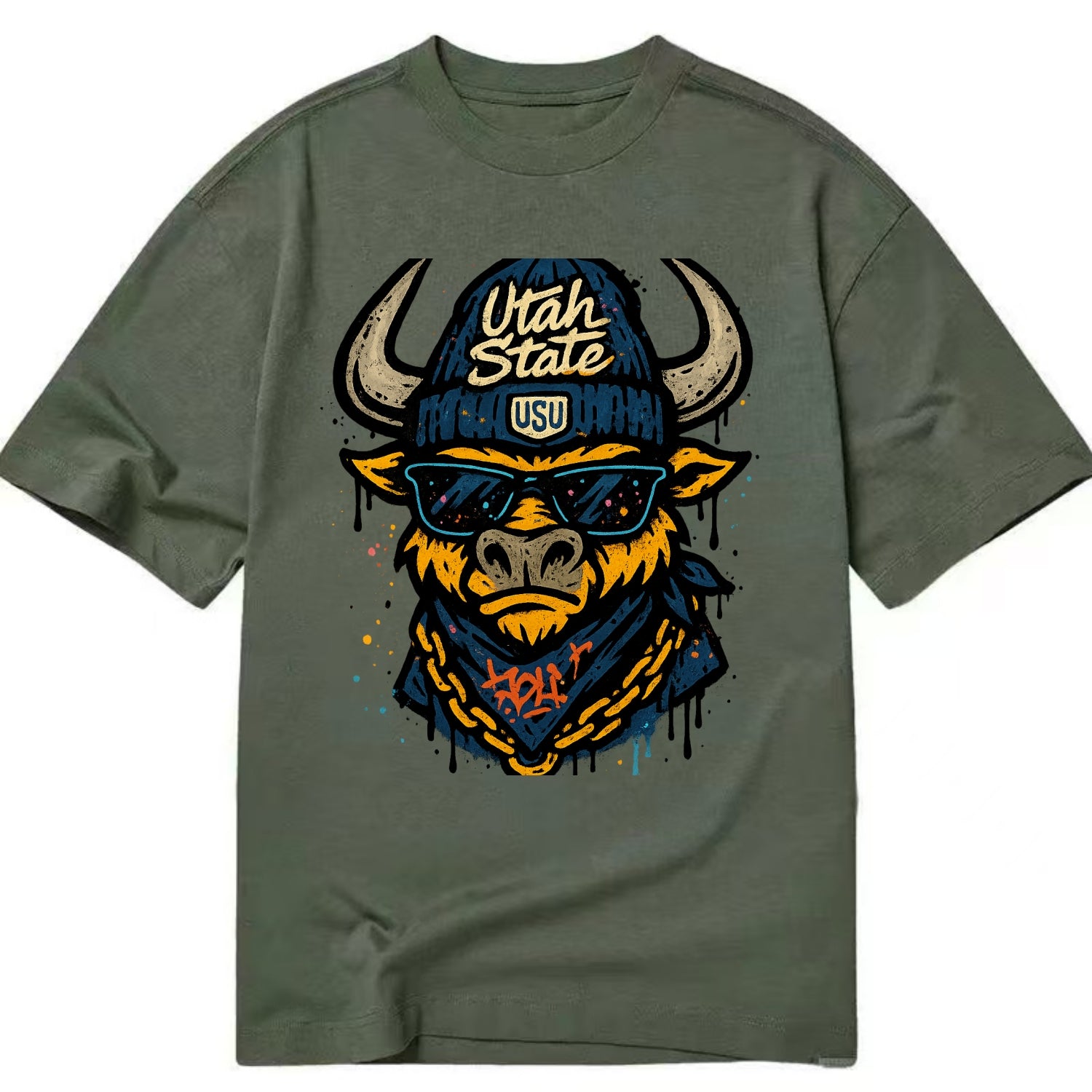 Logan Aggie wearing Utah State beanie with USU patch - Classic T-shirt - Army Green