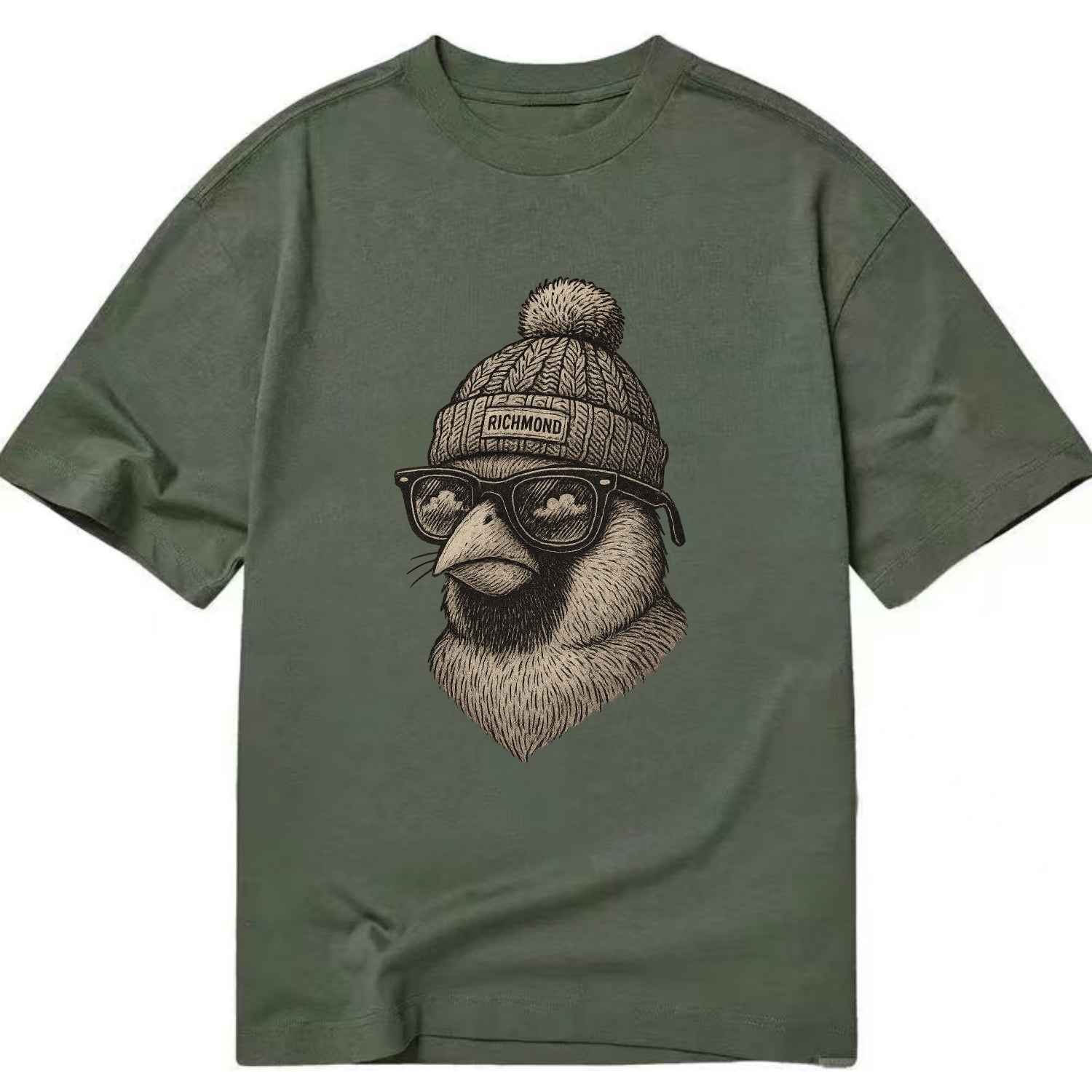 Virginia Cardinal wearing Richmond beanie with pom pom and wayfarer sunglasses - Classic T-shirt - Army Green