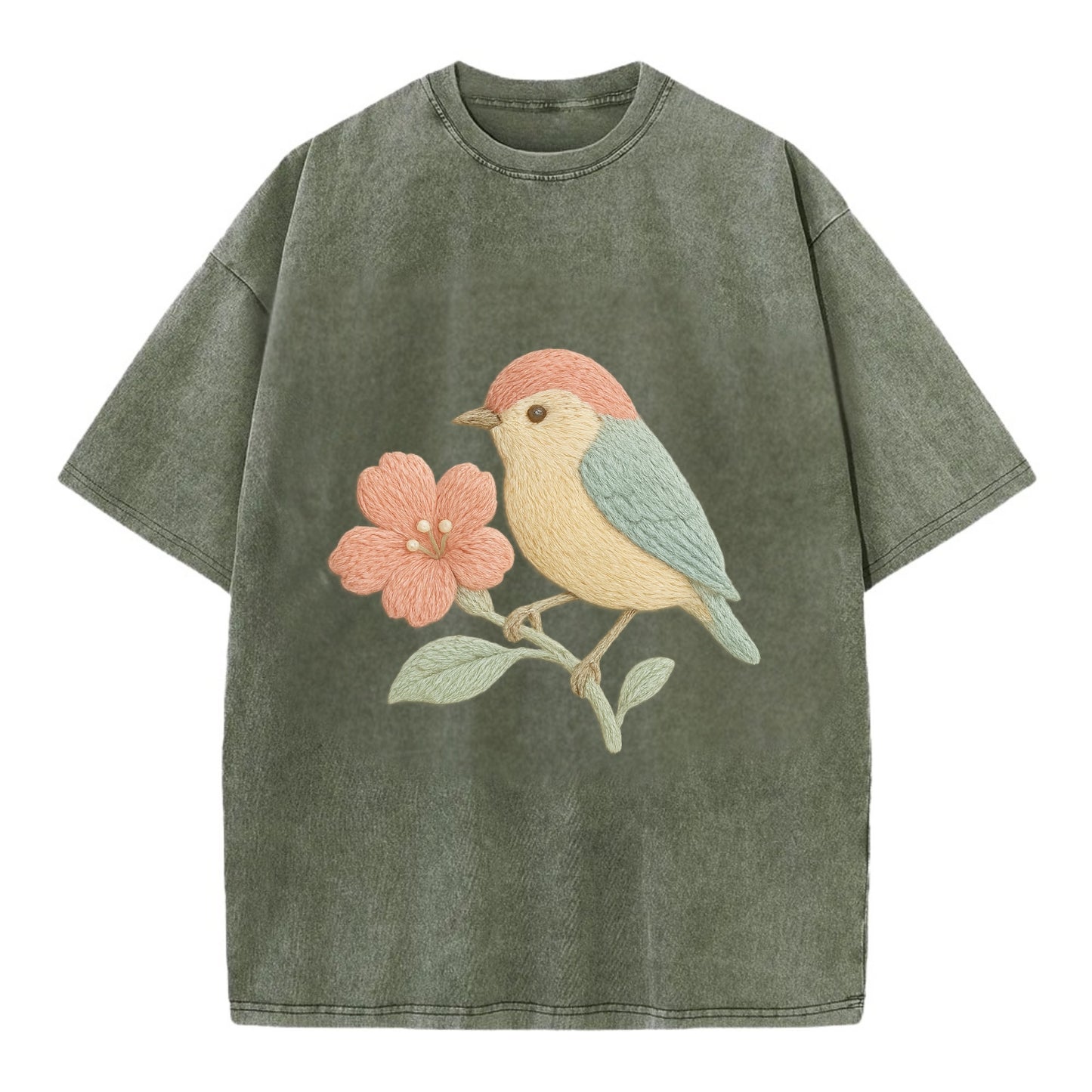 Peach Flowerpecker - Vintage T-shirt - Army Green