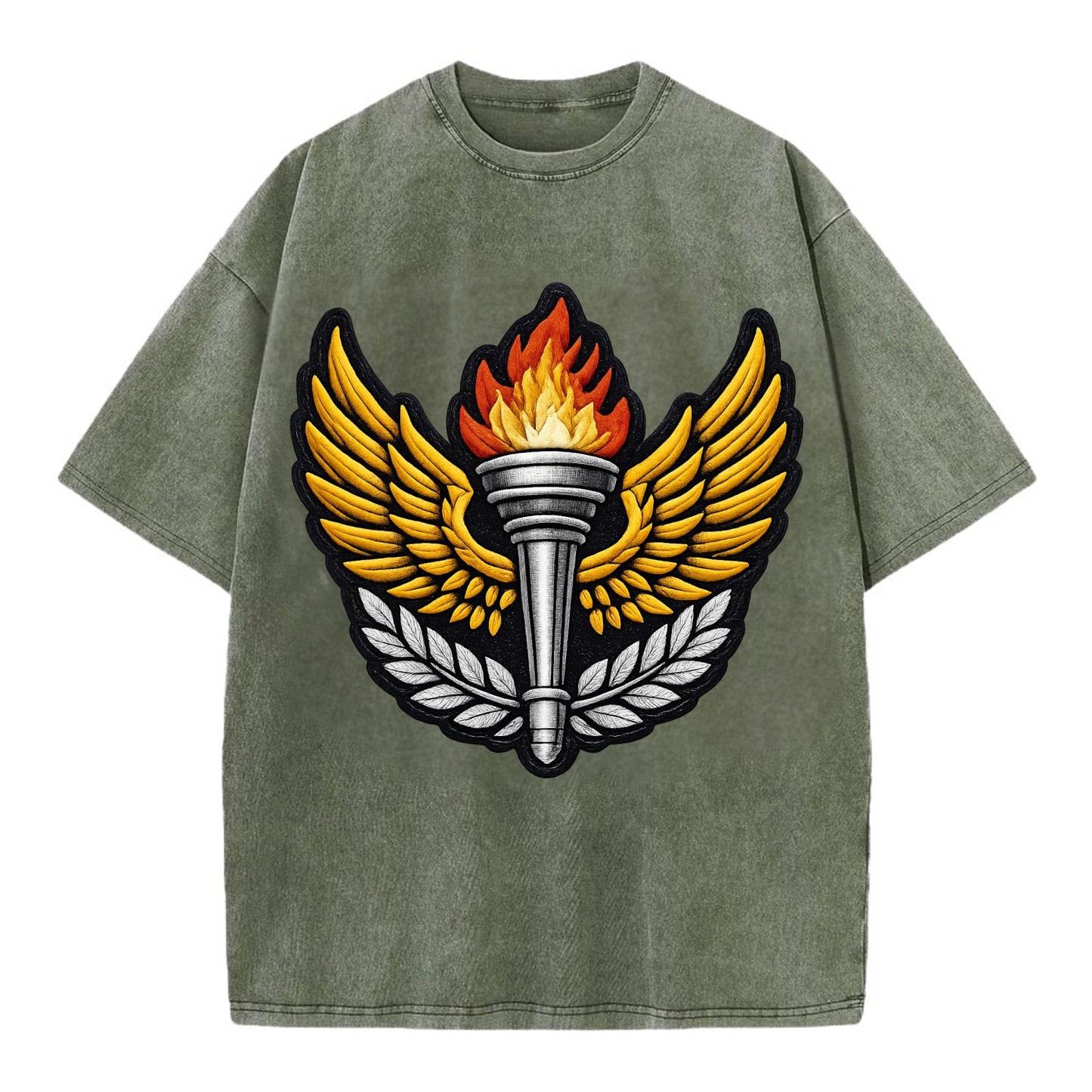 Embroidered patch design - TRACK AND FIELD TORCH - Olympic style torch with wings - Vintage T-shirt - Army Green