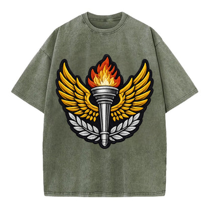 Embroidered patch design - TRACK AND FIELD TORCH - Olympic style torch with wings - Vintage T-shirt - Army Green