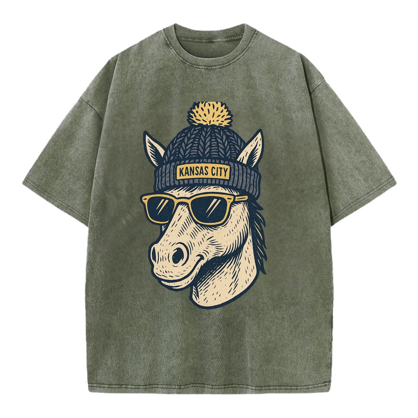 Missouri Mule wearing Kansas City beanie with pom pom and wayfarer sunglasses - Vintage T-shirt - Army Green