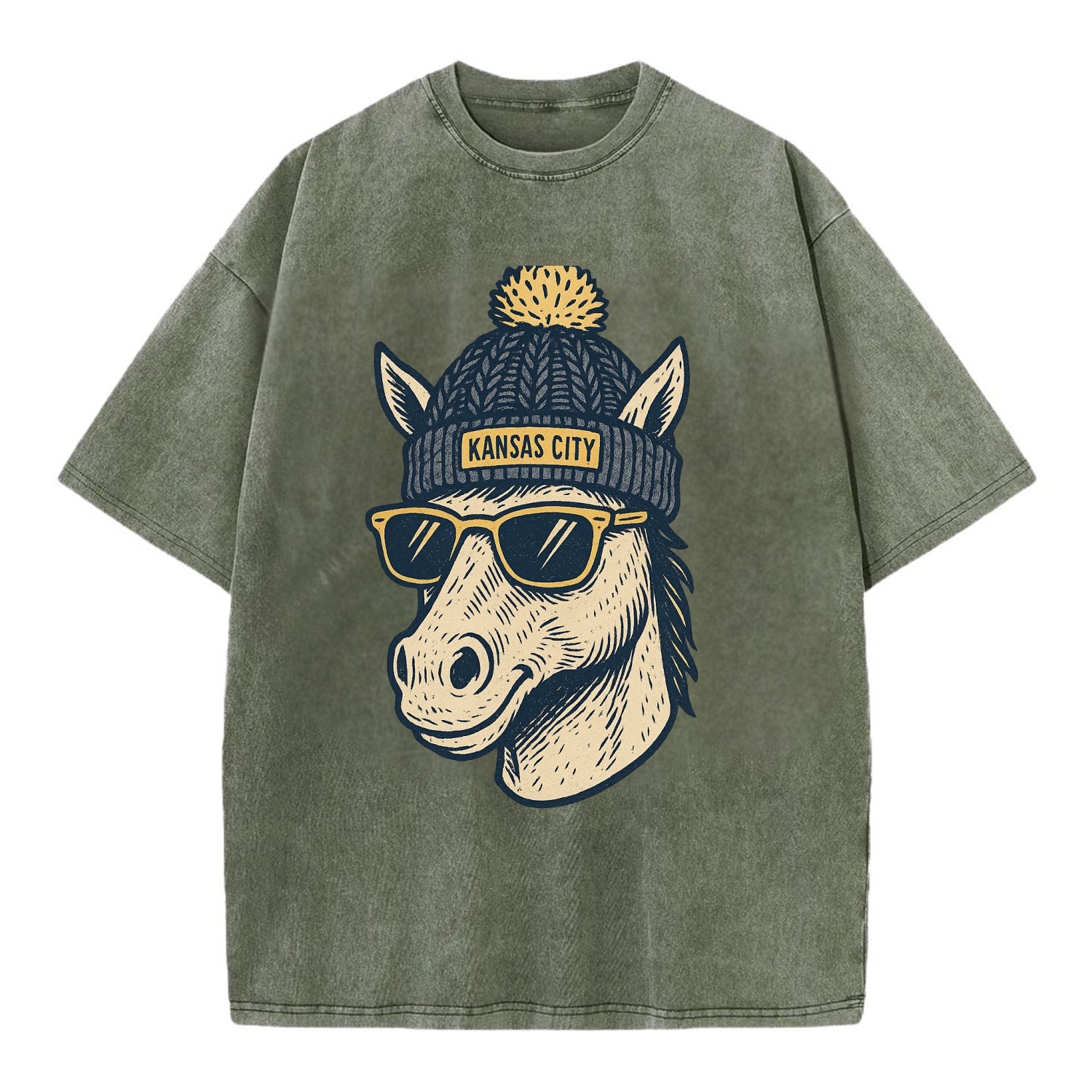 Missouri Mule wearing Kansas City beanie with pom pom and wayfarer sunglasses - Vintage T-shirt - Army Green