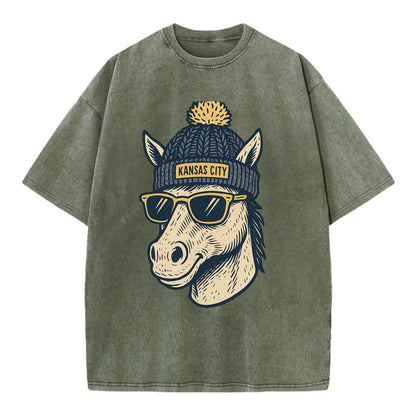 Missouri Mule wearing Kansas City beanie with pom pom and wayfarer sunglasses - Vintage T-shirt - Army Green