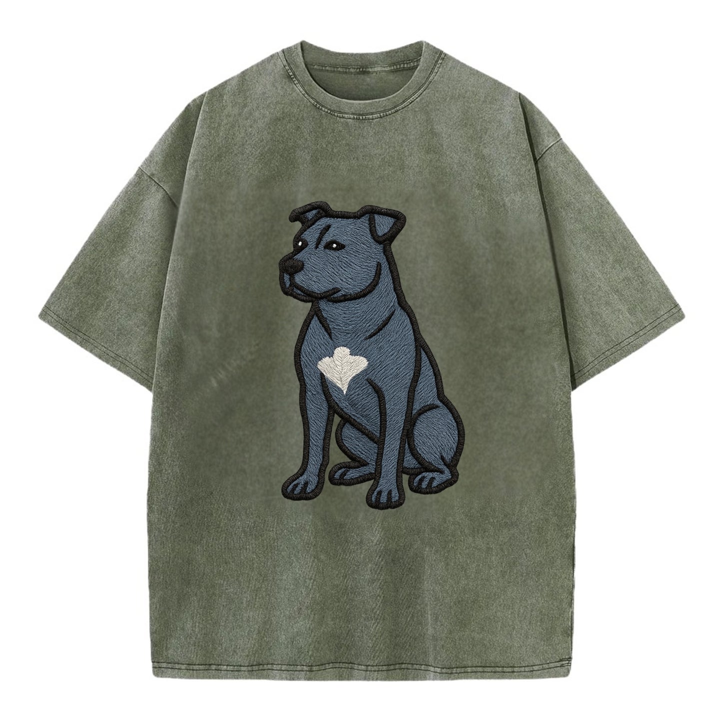 American Staffordshire Terrier - Blue embroidered design - Vintage T-shirt - Army Green