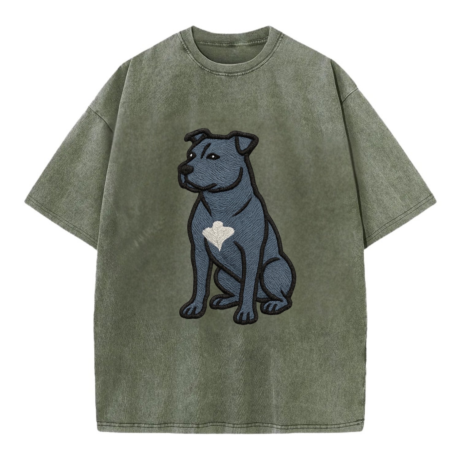 American Staffordshire Terrier - Blue embroidered design - Vintage T-shirt - Army Green