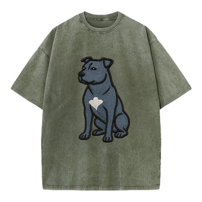 American Staffordshire Terrier - Blue embroidered design - Vintage T-shirt - Army Green