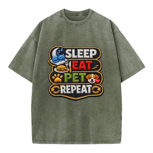 SLEEP EAT PET REPEAT - daily routine icons in multicolor , pet life - Vintage T-shirt - Army Green