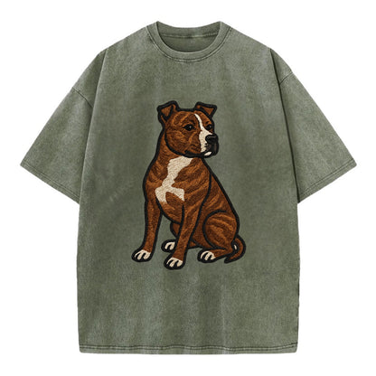 American Staffordshire Terrier - Brindle embroidered pose - Vintage T-shirt - Army Green