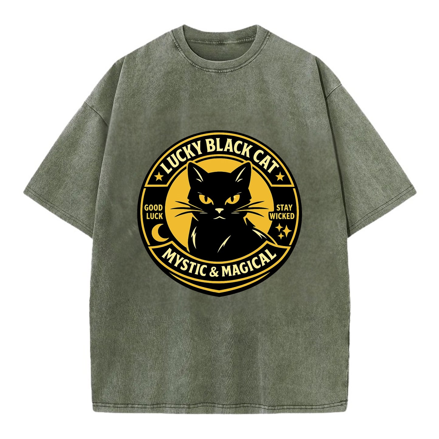 Mystic Feline Emblem - Vintage T-shirt - Army Green