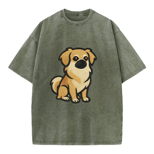 Tibetan Spaniel - Fawn small dog embroidered design - Vintage T-shirt - Army Green