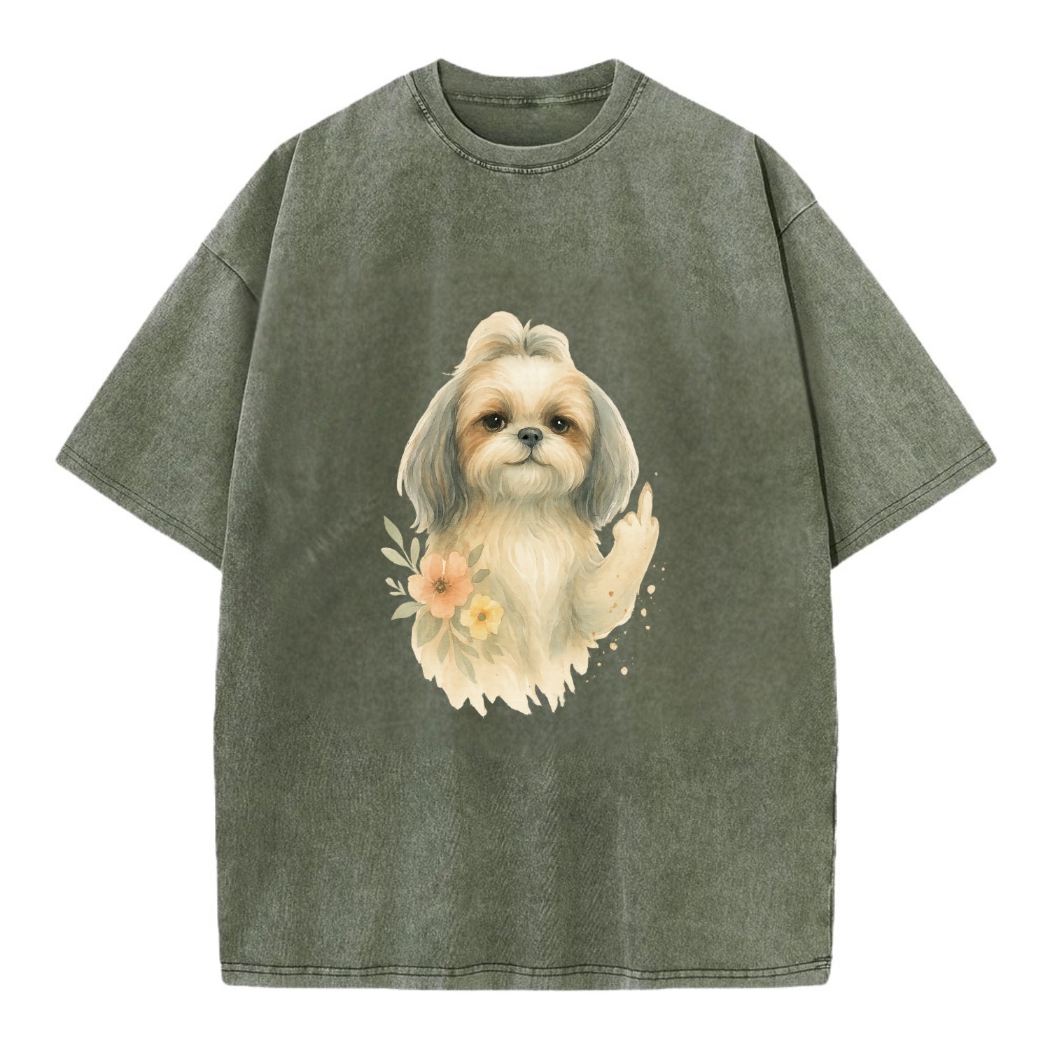 Shih Tzu with long flowing silky hair, tiny paw showing attitude - Vintage T-shirt - Army Green
