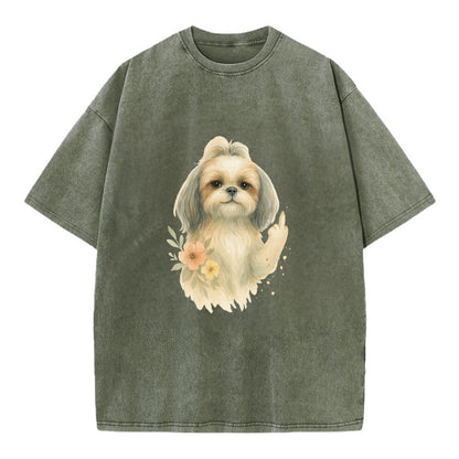 Shih Tzu with long flowing silky hair, tiny paw showing attitude - Vintage T-shirt - Army Green