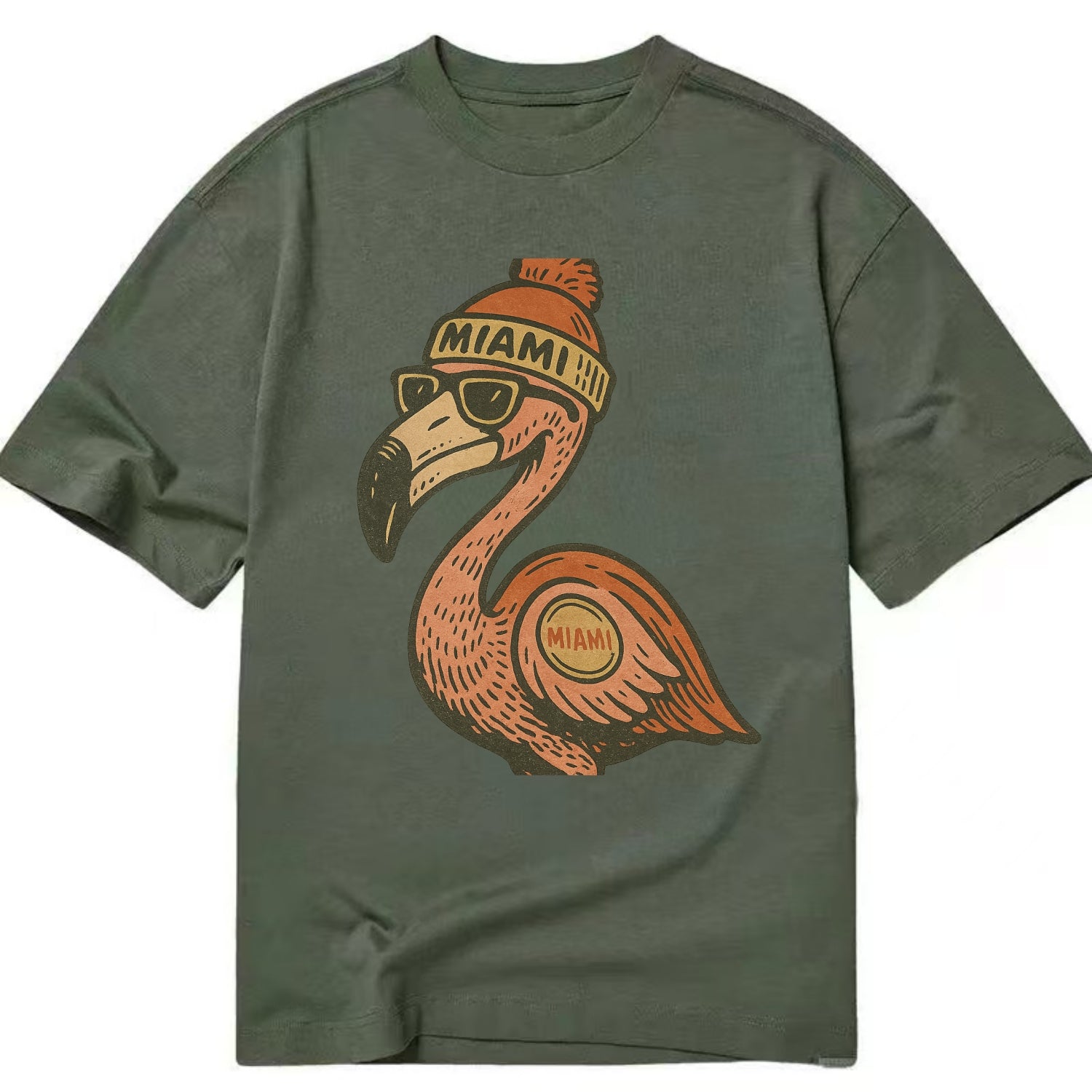 Miami Flamingo wearing Miami beanie with pom pom and wayfarer sunglasses - Classic T-shirt - Army Green