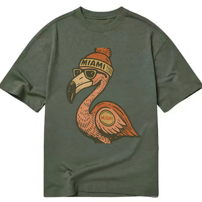 Miami Flamingo wearing Miami beanie with pom pom and wayfarer sunglasses - Classic T-shirt - Army Green