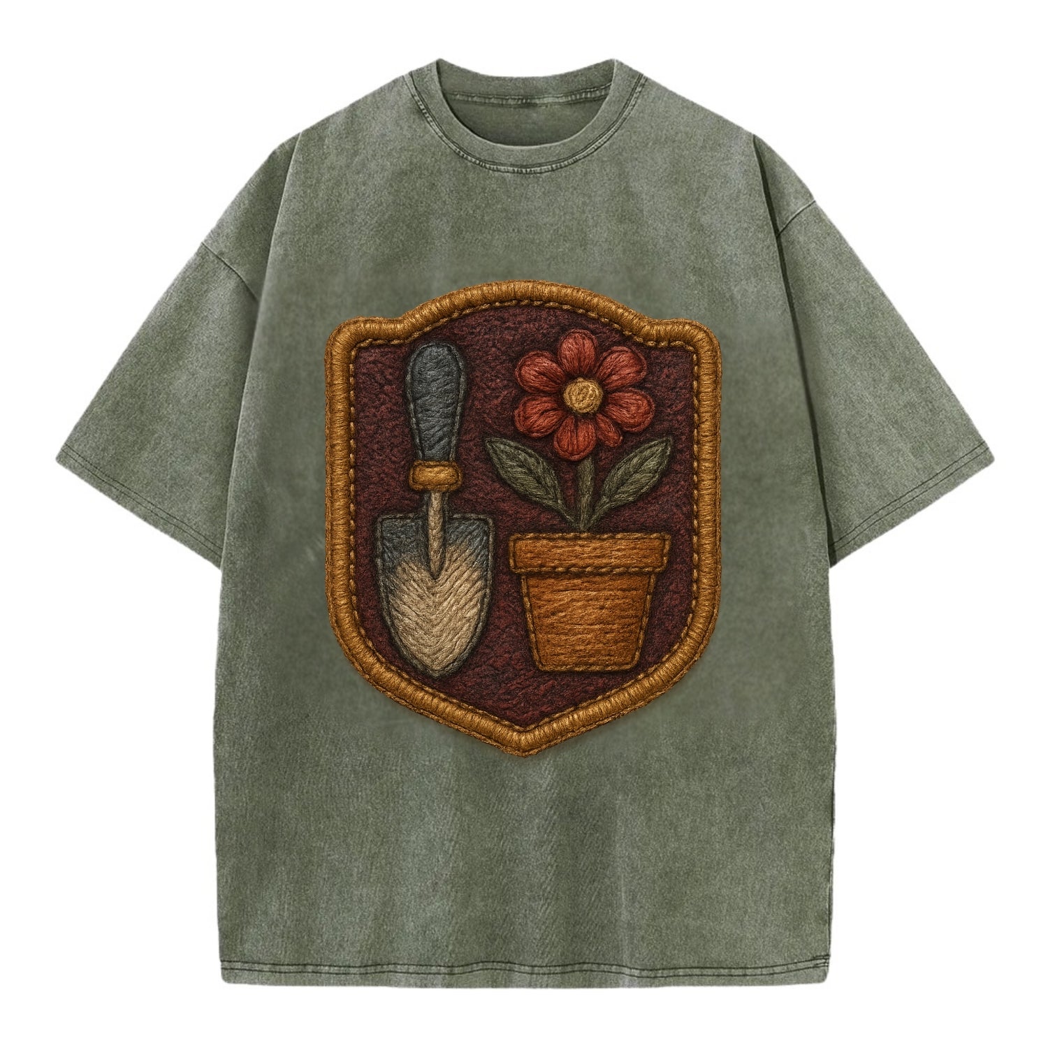 Garden trowel with flower pot - gardener badge - Vintage T-shirt - Army Green