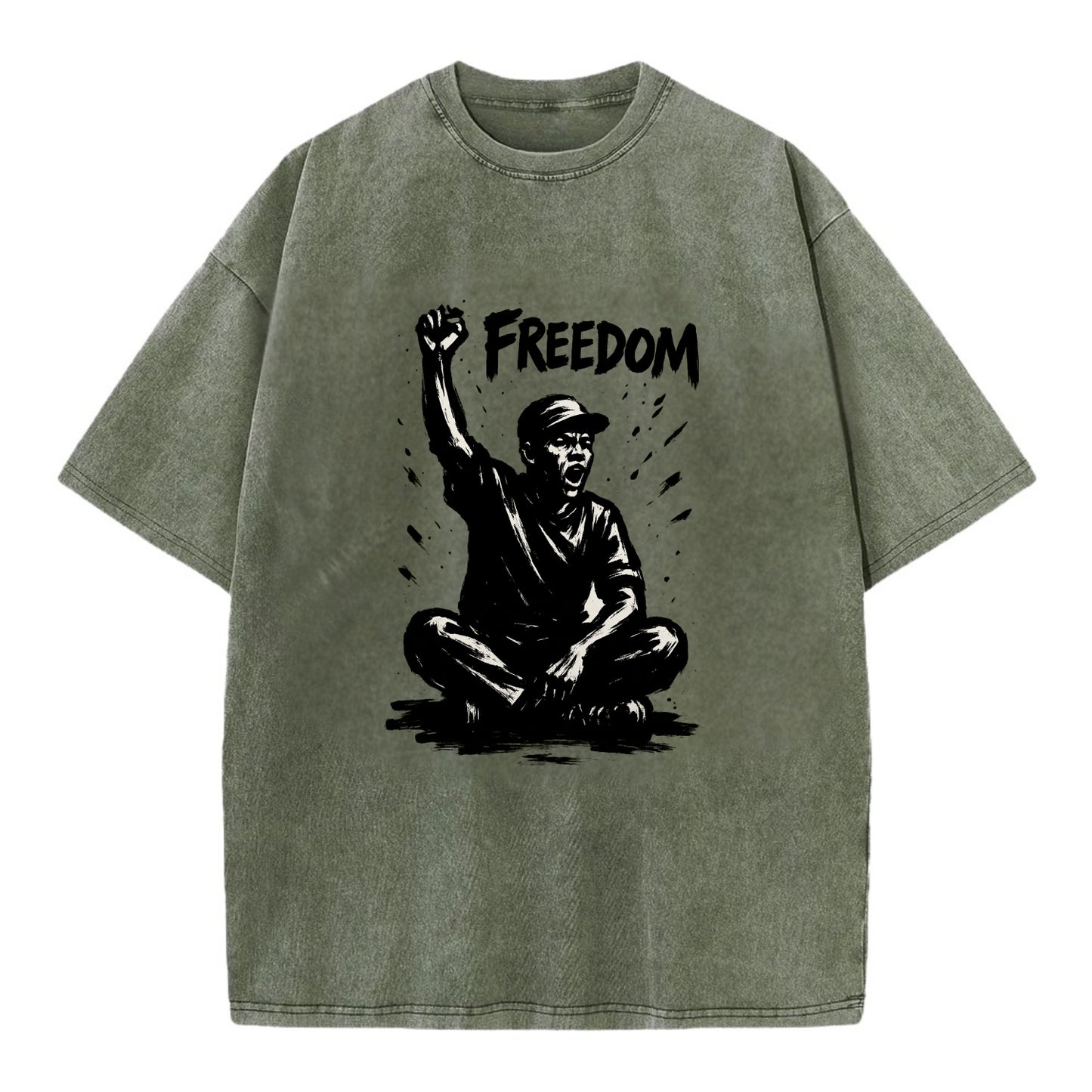 Sit-in protest figure - civil disobedience ink art - Vintage T-shirt - Army Green