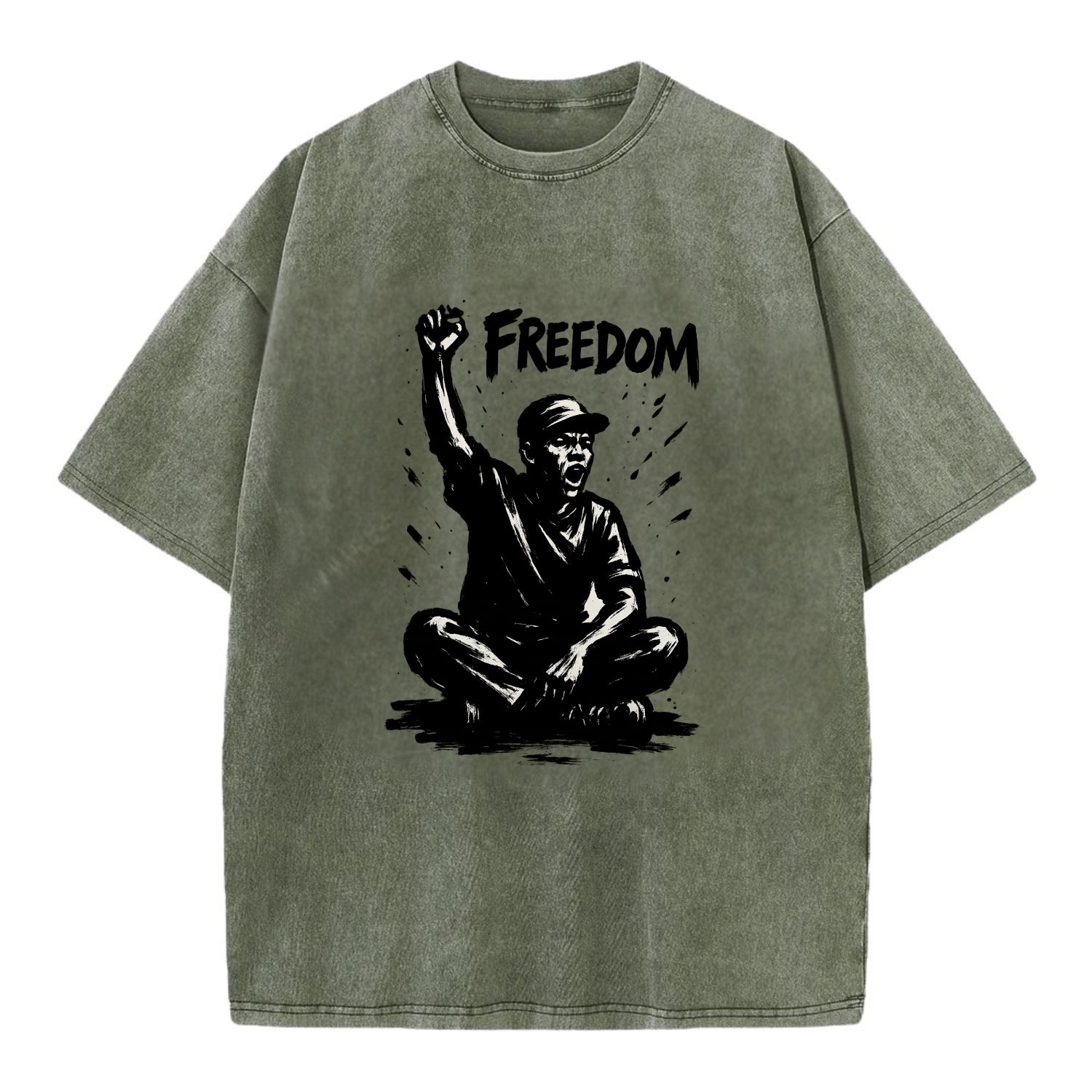 Sit-in protest figure - civil disobedience ink art - Vintage T-shirt - Army Green