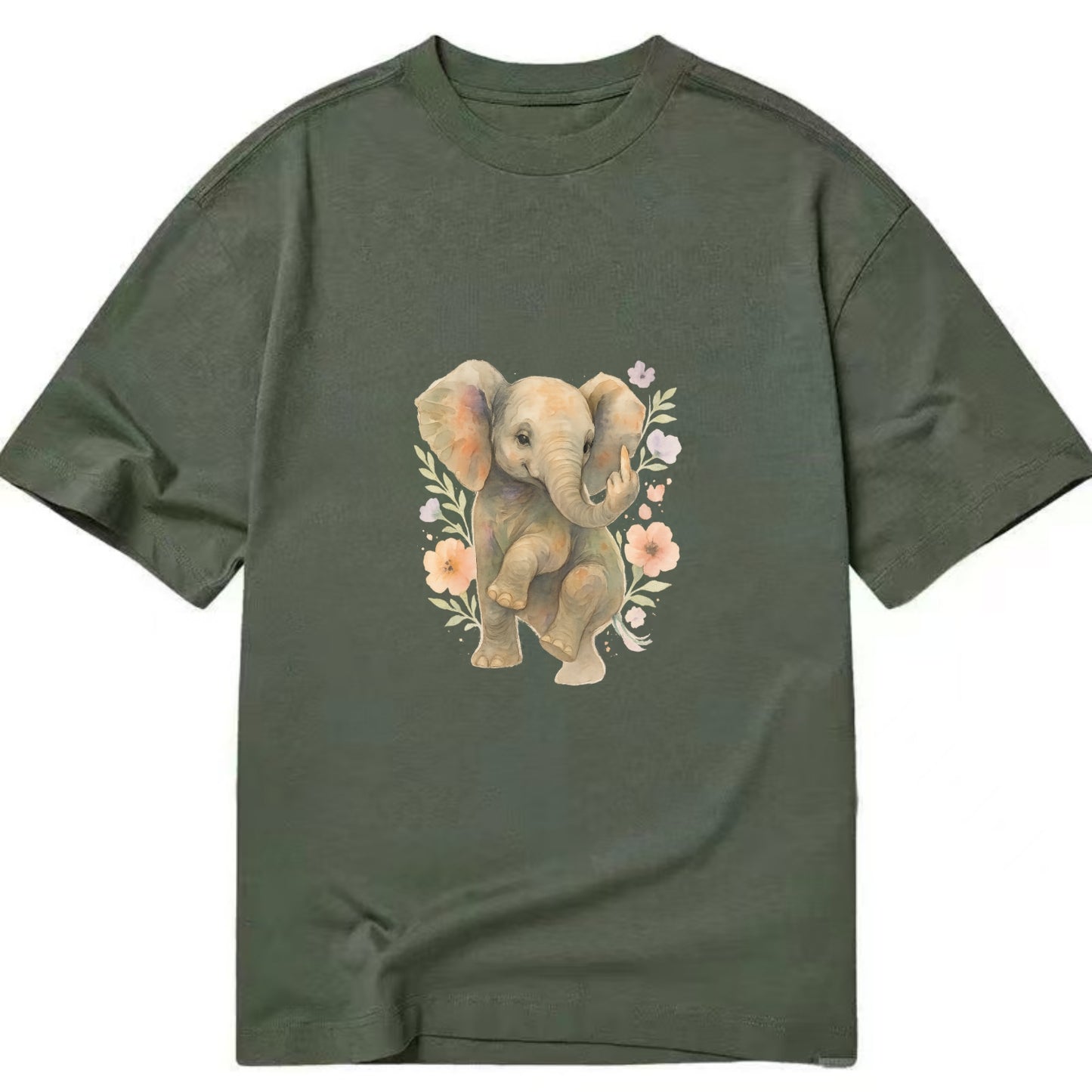 baby elephant with trunk up, one foot raised with middle toe extended - Classic T-shirt - Army Green