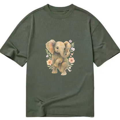 baby elephant with trunk up, one foot raised with middle toe extended - Classic T-shirt - Army Green