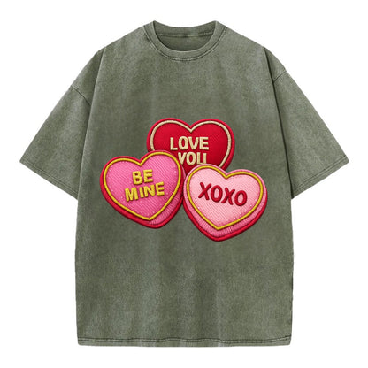 VALENTINES HEARTS - candy hearts in pink and red , love day - Vintage T-shirt - Army Green