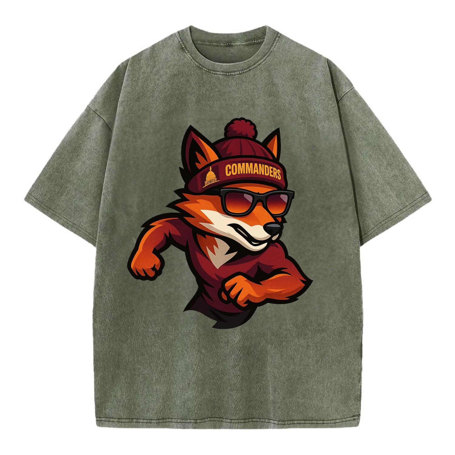 Washington Fox wearing Commanders beanie with Capitol patch and wayfarer - Vintage T-shirt - Army Green