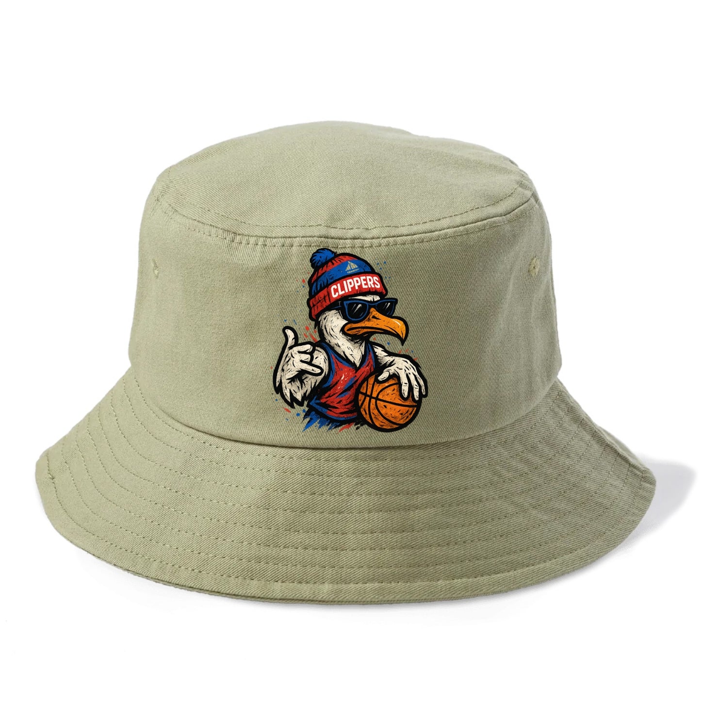 LA Seagull wearing Clippers red white and blue beanie with ship patch and wayfarer - Bucket Hat - Army Green