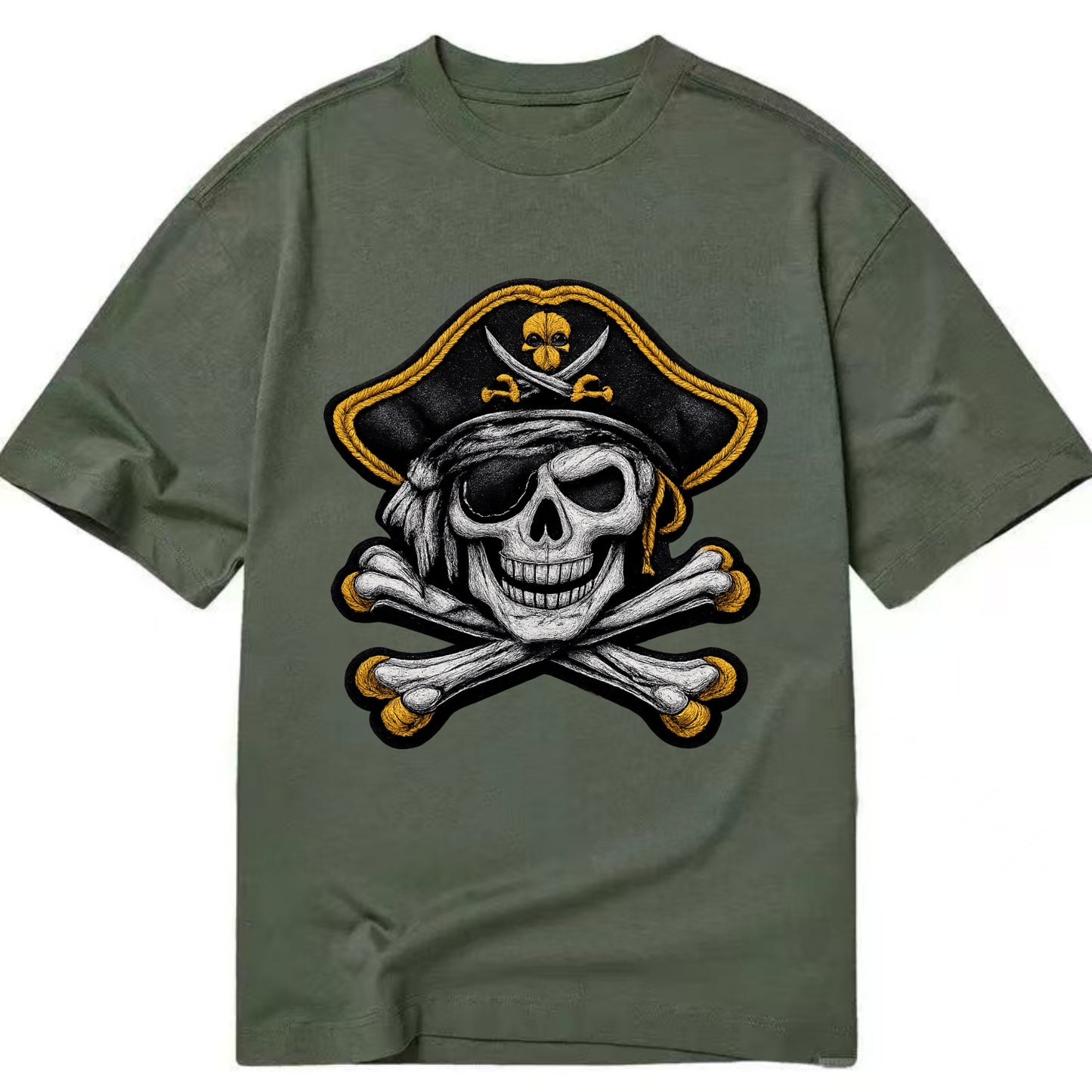 PIRATE SKULL - Jolly Roger skull in black and white , pirate - Classic T-shirt - Army Green