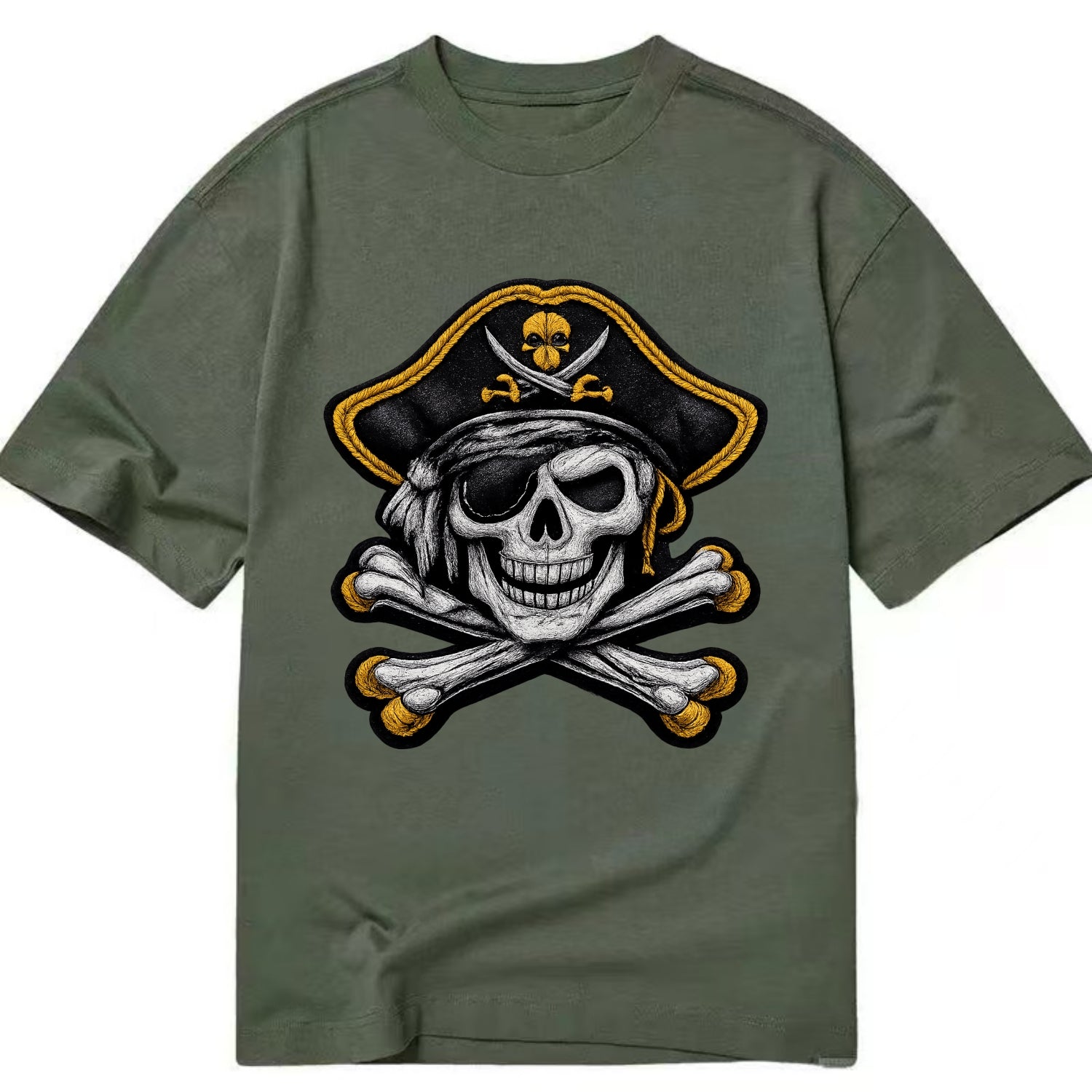 PIRATE SKULL - Jolly Roger skull in black and white , pirate - Classic T-shirt - Army Green