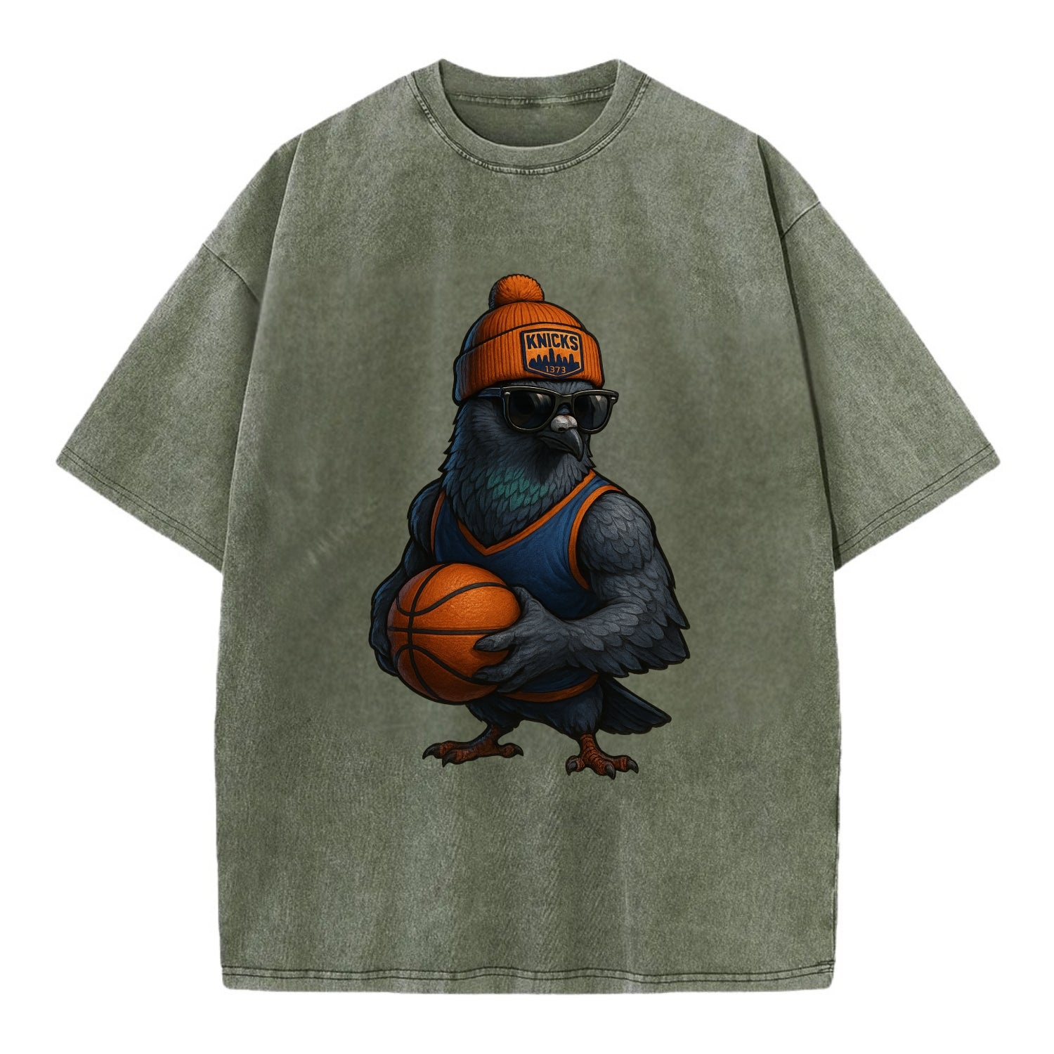 Manhattan Pigeon wearing Knicks beanie with skyline patch and wayfarer sunglasses - Vintage T-shirt - Army Green