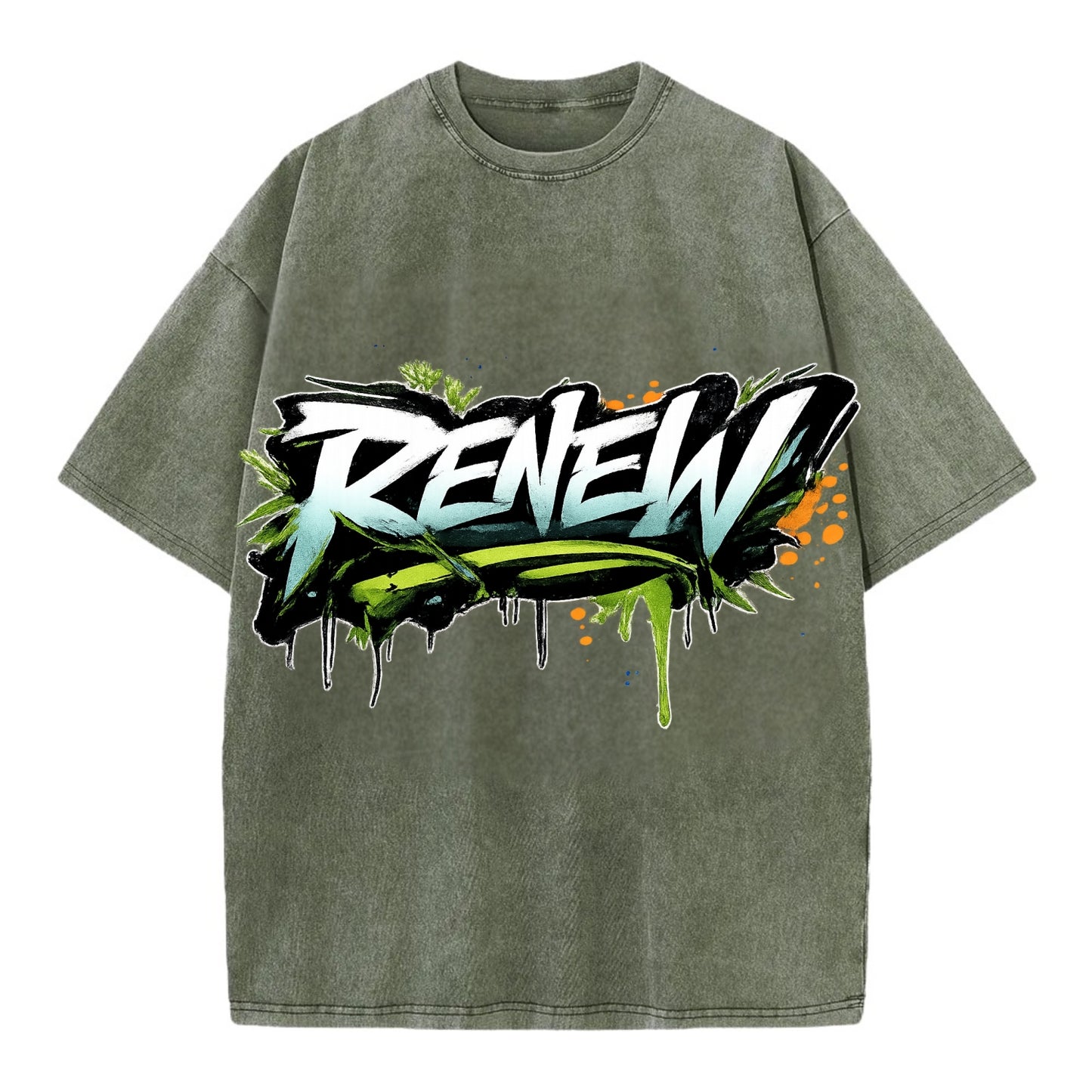 Bold typography design - "RENEW" - starting fresh, regenerating - Vintage T-shirt - Army Green