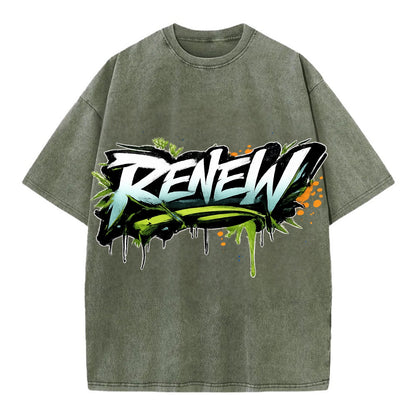 Bold typography design - "RENEW" - starting fresh, regenerating - Vintage T-shirt - Army Green