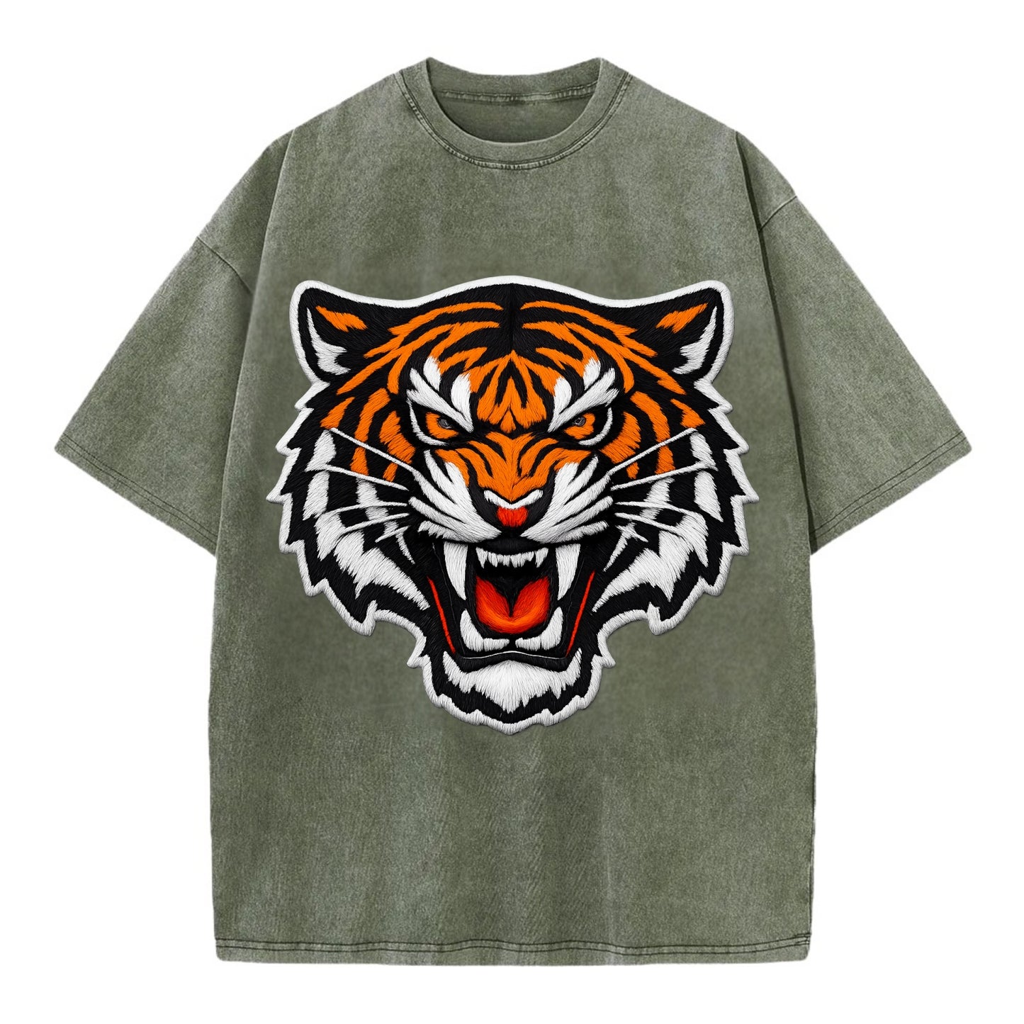 TIGER STRIPES FACE - fierce tiger face in orange, black and white , predator power - Vintage T-shirt - Army Green