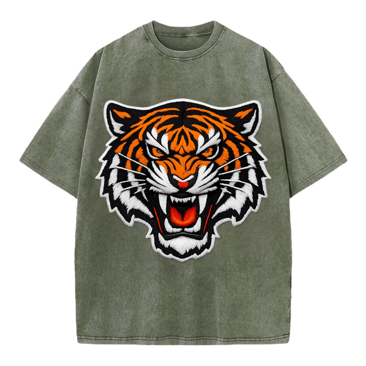 TIGER STRIPES FACE - fierce tiger face in orange, black and white , predator power - Vintage T-shirt - Army Green
