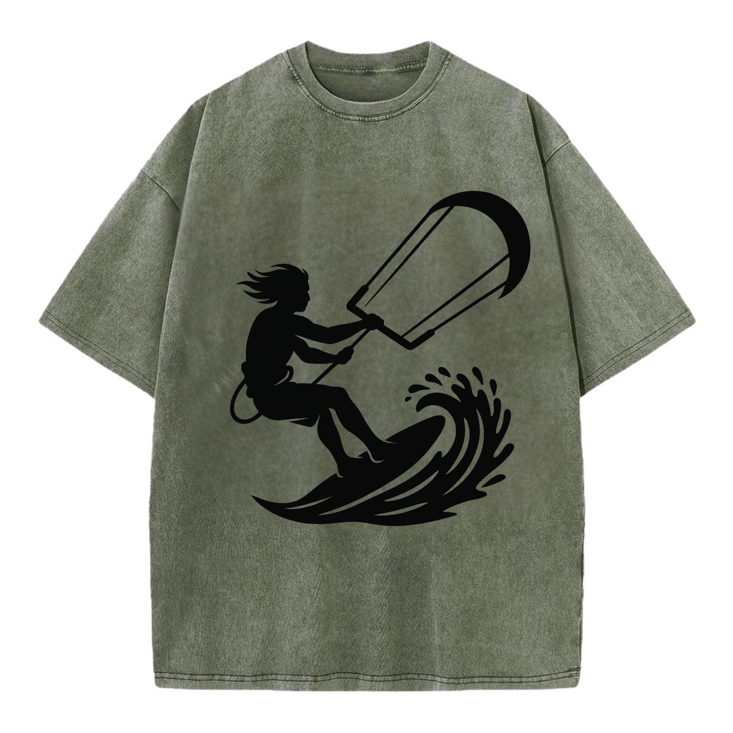 Kite surfer riding wave - Vintage T-shirt - Army Green