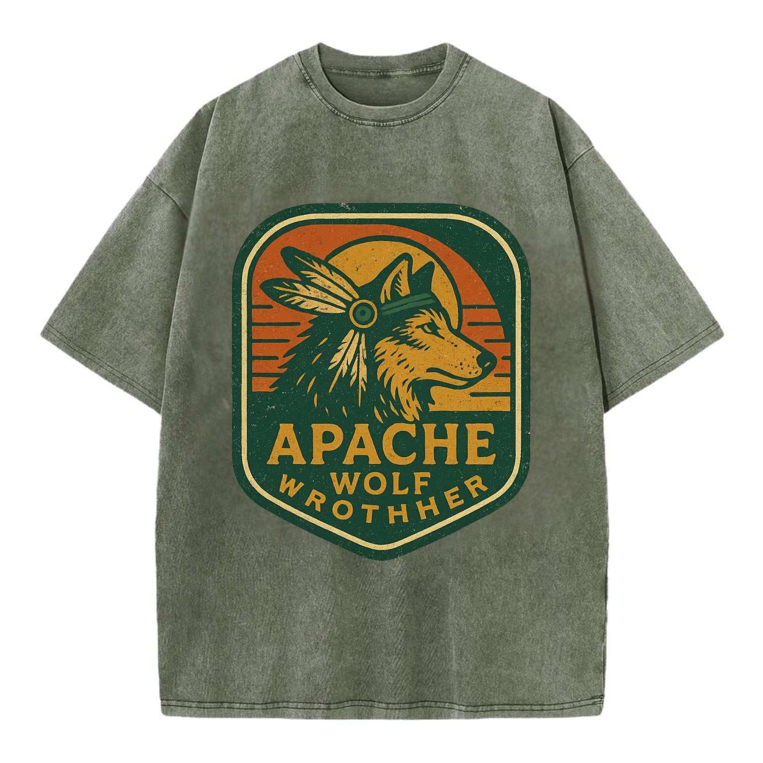 Apache Wolf Brother  - Vintage T-shirt - Army Green