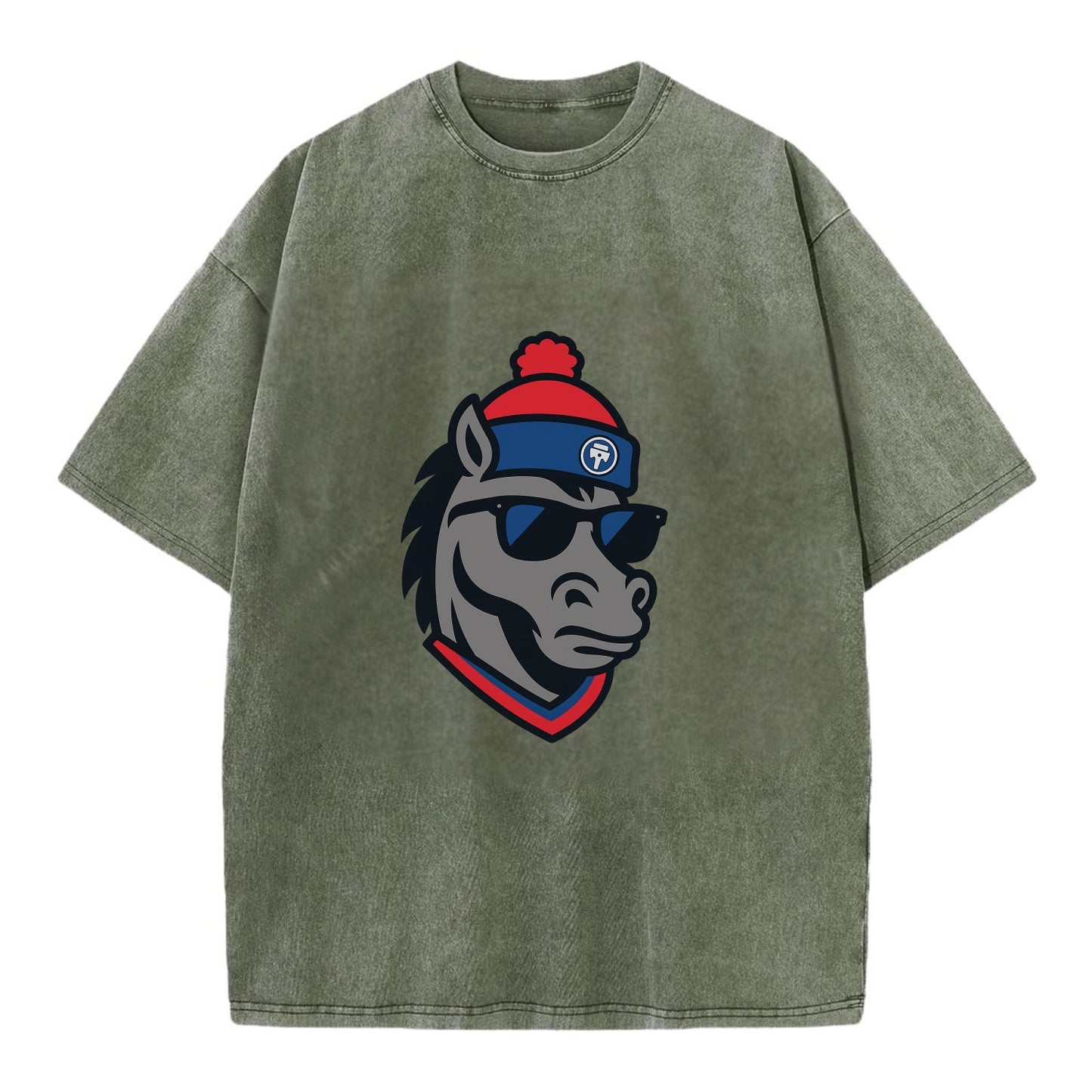 Detroit Stallion wearing Pistons red and blue beanie with piston patch and - Vintage T-shirt - Army Green