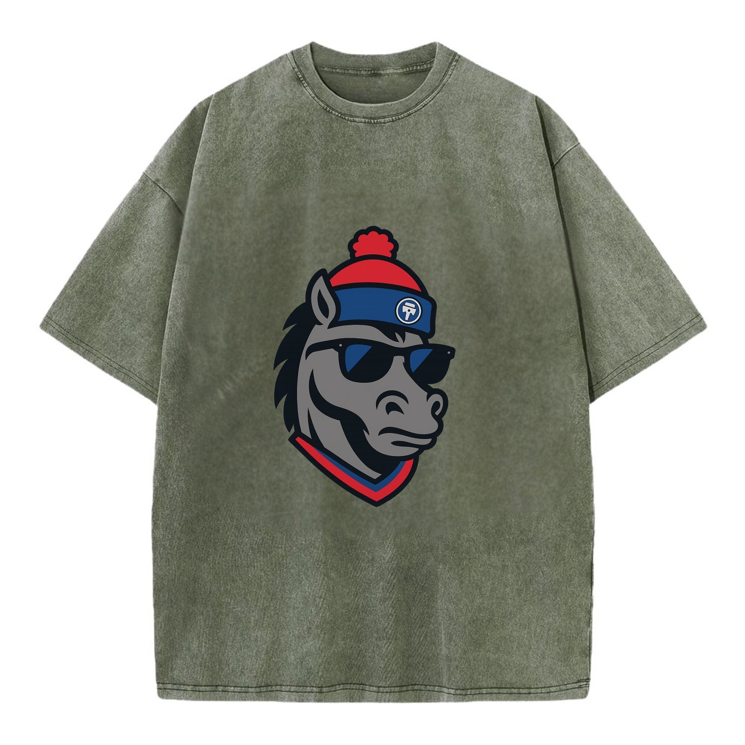 Detroit Stallion wearing Pistons red and blue beanie with piston patch and - Vintage T-shirt - Army Green