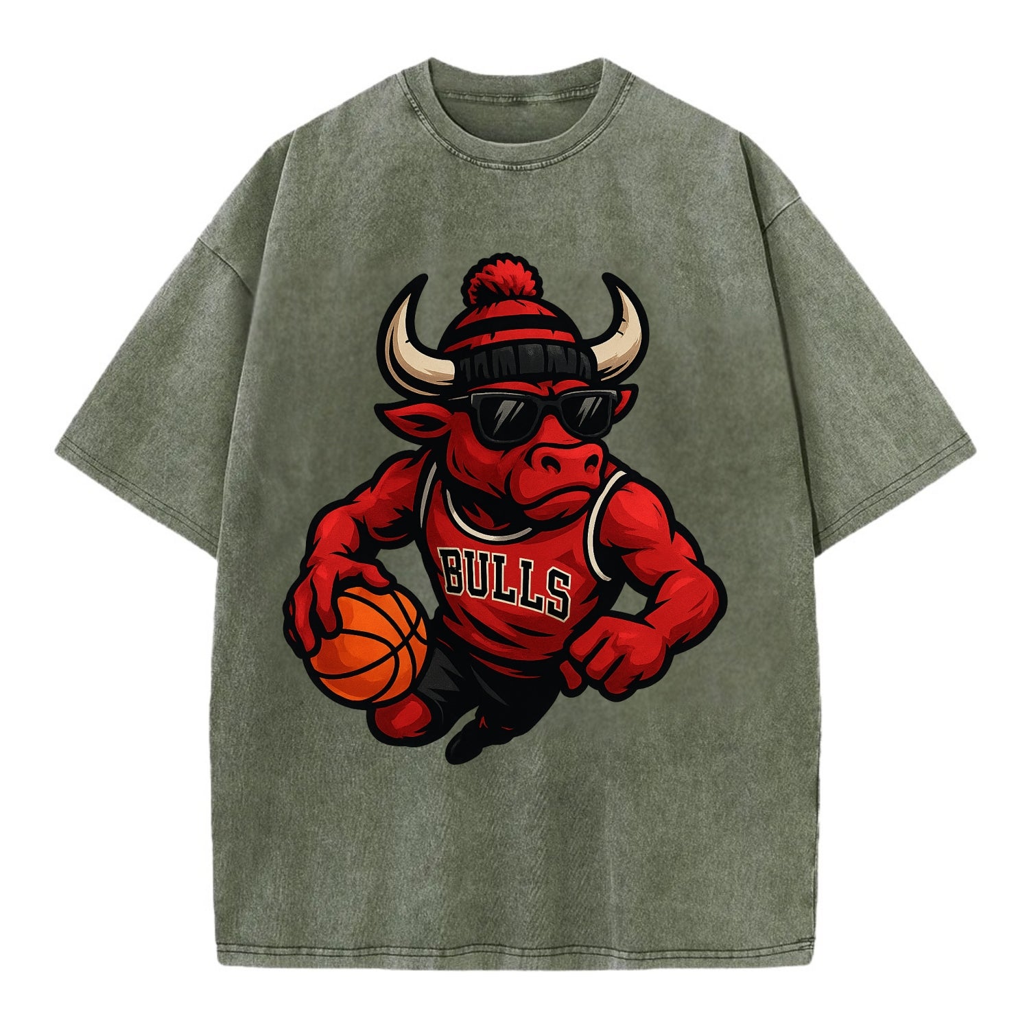 Chicago Bull wearing Bulls red and black beanie with horns design and wayfarer - Vintage T-shirt - Army Green