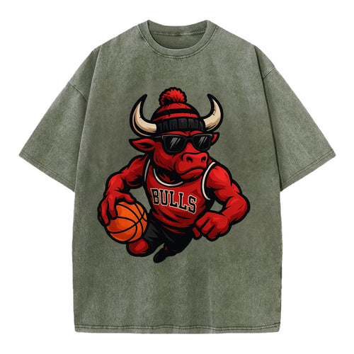Chicago Bull wearing Bulls red and black beanie with horns design and wayfarer - Vintage T-shirt