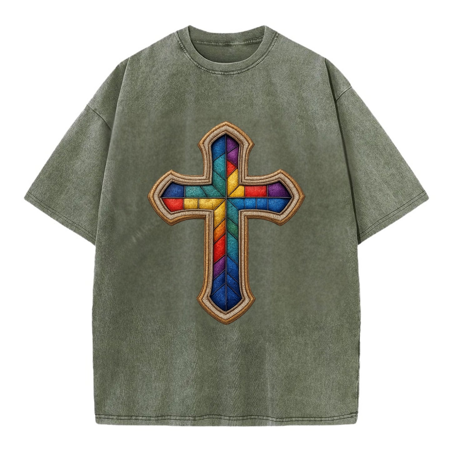 Stained Glass Cross  - Vintage T-shirt - Army Green